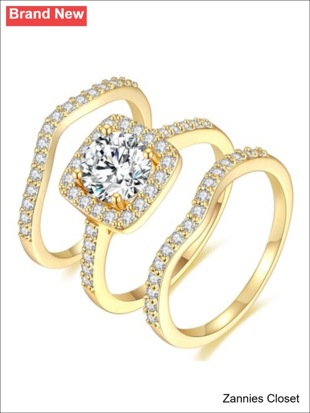 💍 18K Gold Plated Cubic Zirconia Halo 3-in-1 Wedding Ring Set for Women